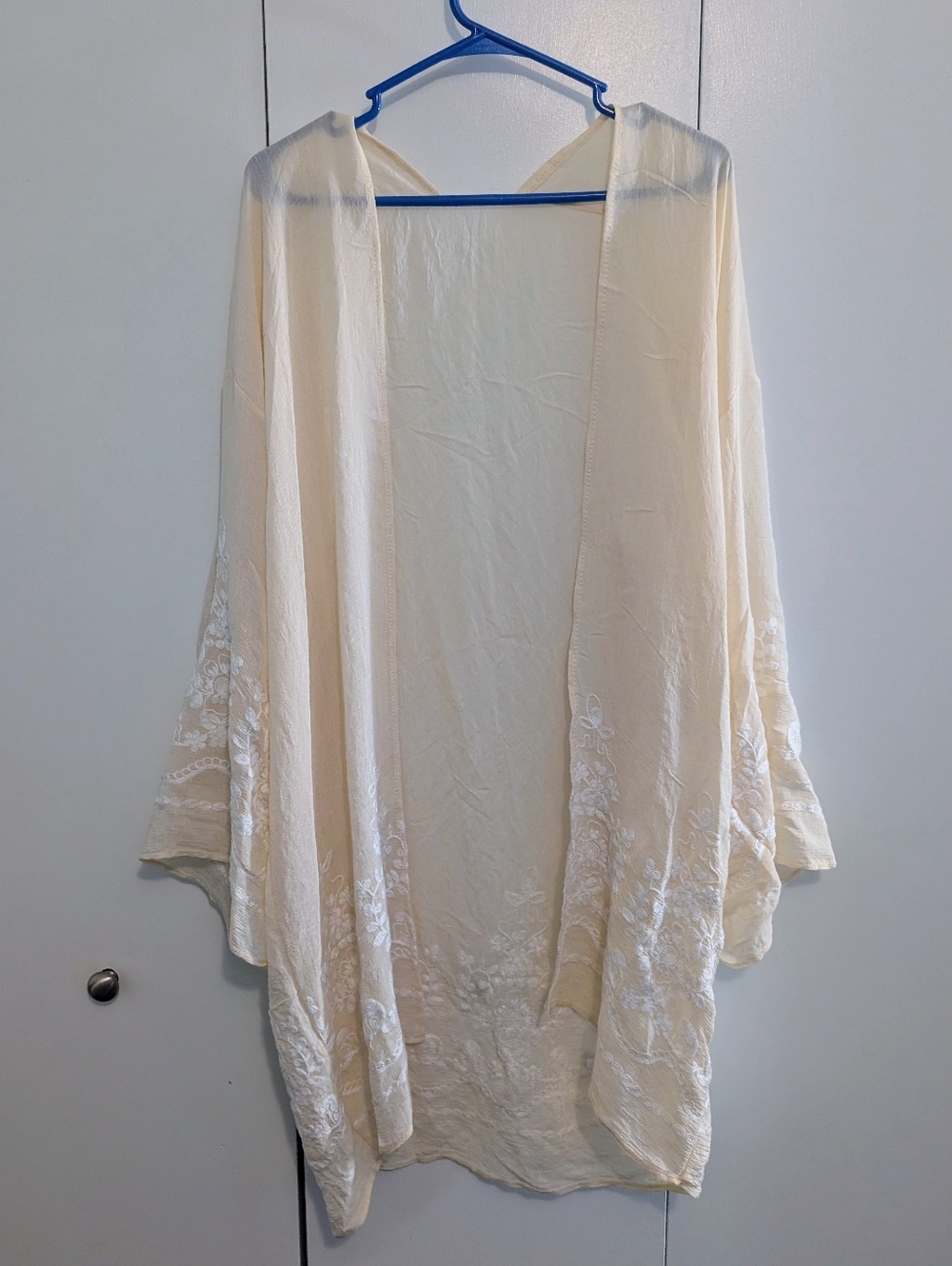 Cream And White Embroidered Gauzy Beach Swim Cover Up Layer